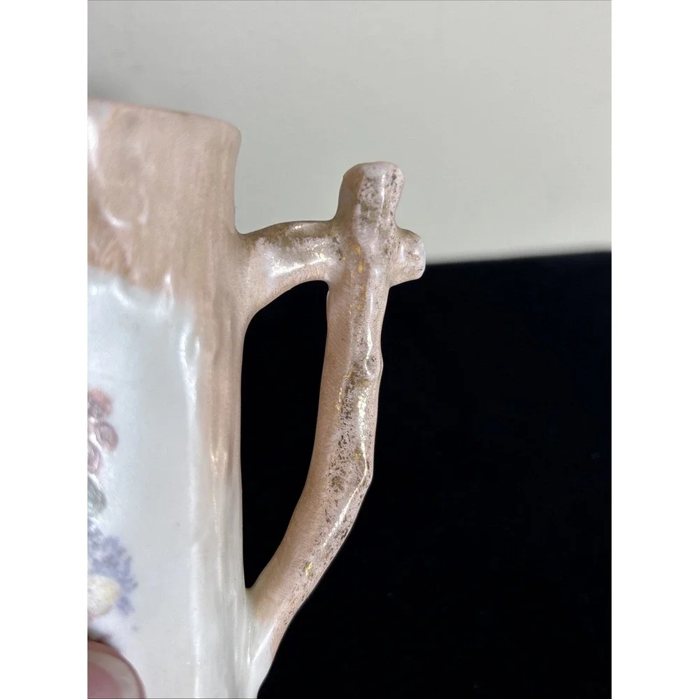 Vintage Tree Trunk Flowers Porcelain Creamer With Branch Handle  Pinkish Peach